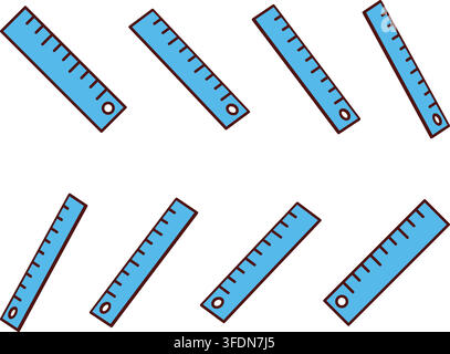 Flat illustration of several blue measuring rulers scattered diagonally across a clean white background Stock Vector