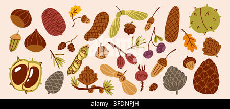 Autumn botanical pattern with pinecones, acorns, chestnuts, berries, leaves and forest branches, hand drawn woodland nature composition in warm earthy Stock Vector