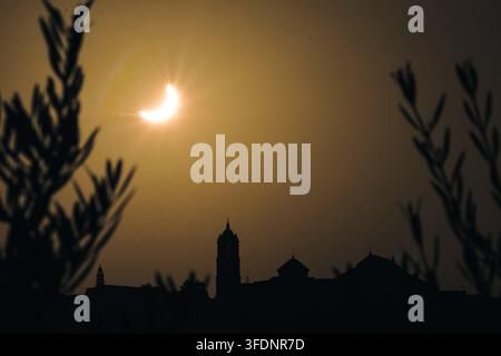 Partial solar eclipse creating a crescent of light in the sky above a dark city silhouette, framed by blurred plants during dusk Stock Photo