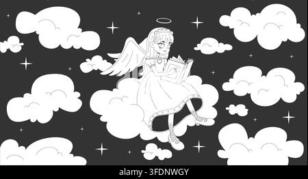 Yume kawaii angel girl reading on dreamy clouds lo-fi aesthetic line art Stock Vector
