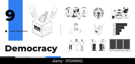 Democracy election voting and civic participation outline illustration pack Stock Vector