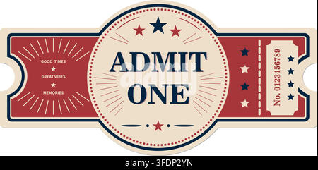 Vintage decorative admission ticket featuring Admit One lettering, stars, perforated edges and classic entertainment-inspired styling. Stock Vector