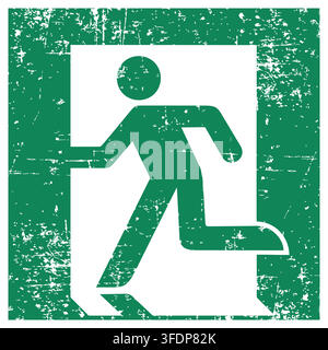 Emergency exit left hand , ISO 7010 E001 Safe Condition Evacuation Sign, Distressed Grunge Texture, Weathered Worn Safety Pictogram, Green Evacuation Stock Vector