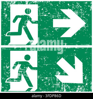 Emergency exit right hand with directional arrow pointing diagonally down, ISO 7010 E002-AD Safe Condition Evacuation Sign, Distressed Grunge Texture, Stock Vector