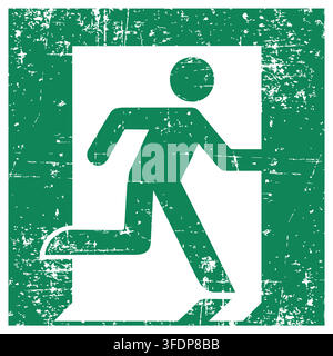 Emergency Exit Right Hand Running Man with Directional Arrow Set. Straight and Diagonal Exit Route Pictograms. Distressed Grunge ISO 7010 E002 Sign. W Stock Vector