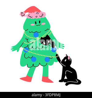 Cute Christmas Tree with Black Cats Vector Stock Vector