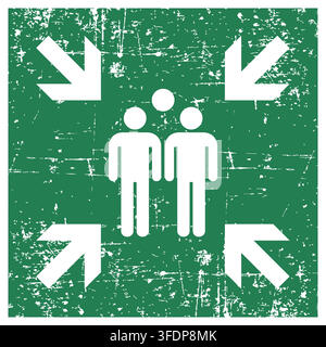 Evacuation assembly point, ISO 7010 E007 Safe Condition Evacuation Sign, Distressed Grunge Texture, Weathered Worn Safety Pictogram, Green Evacuation Stock Vector