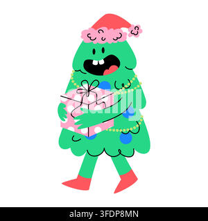 Funny Christmas Tree Holding Present Vector Stock Vector