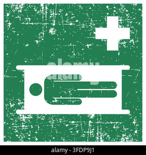 Stretcher, ISO 7010 E013 Safe Condition Evacuation Sign, Distressed Grunge Texture, Weathered Worn Safety Pictogram, Green Evacuation Fire Warning Sym Stock Vector