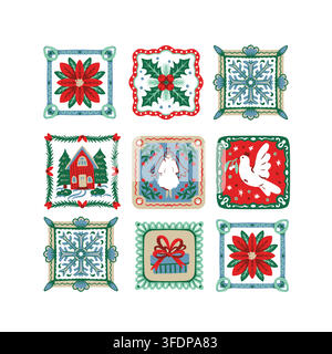Christmas Isolated Folk Tiles with Dove Angel Poinsettia Snowflake House Gift Holiday Frames Stock Vector