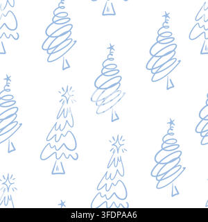 Christmas Tree Seamless Pattern with Minimal Doodle Pines and Festive Star Line Art Stock Vector