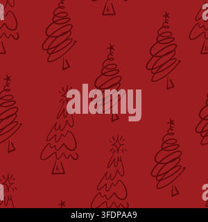Christmas Tree Seamless Pattern with Minimal Doodle Pines and Festive Star Line Art Stock Vector