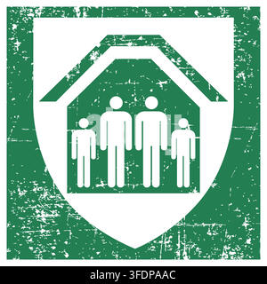 Protection shelter, ISO 7010 E021 Safe Condition Evacuation Sign, Distressed Grunge Texture, Weathered Worn Safety Pictogram, Green Evacuation Fire Wa Stock Vector