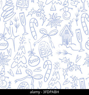 Christmas Doodle Elements Seamless Pattern with Holiday Line Art Icons for Festive Background Stock Vector