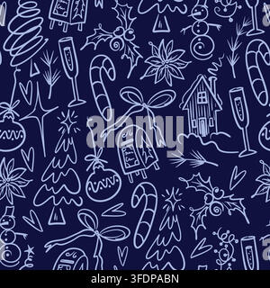 Christmas Doodle Elements Seamless Pattern with Holiday Line Art Icons for Festive Background Stock Vector