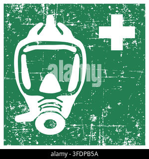 Emergency escape breathing device, ISO 7010 E029 Safe Condition Evacuation Sign, Distressed Grunge Texture, Weathered Worn Safety Pictogram, Green Eva Stock Vector