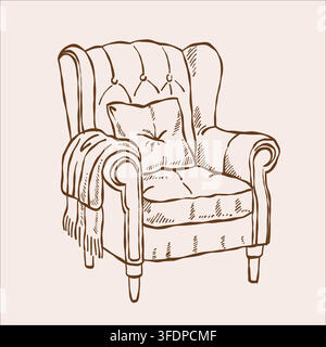 Retro hand-drawn sketch of a chair, pillow, and blanket. Outline brown vector illustration of an upholstered chair Stock Vector