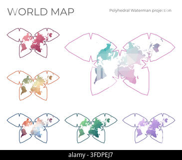 Low Poly World Map Set. Steve Waterman's butterfly projection. Collection of the world maps in geometric style. Vector illustration. Stock Vector