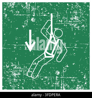 Emergency descent device, ISO 7010 E073 Safe Condition Evacuation Sign, Distressed Grunge Texture, Weathered Worn Safety Pictogram, Green Evacuation F Stock Vector