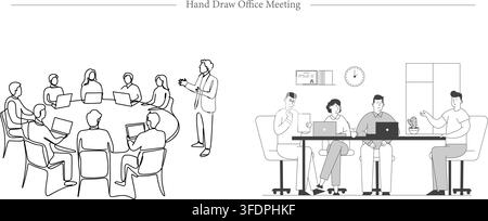 Vector illustration set of hand draw office meeting scenes featuring business conference, round table discussion, presenter, and team collaboration. Stock Vector