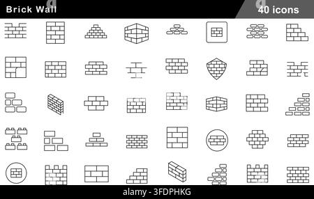 Vector illustration set of 40 brick wall icons featuring stone masonry, construction barrier, brickwork layout, 3D wall block, and boundary symbols. Stock Vector