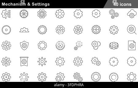 Vector illustration set of 40 mechanism and settings icons featuring gear cogwheel, mechanical engine, cloud settings, gear shield, and options. Stock Vector