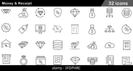 Vector illustration set of 32 money and receipt icons featuring diamond gem, paper receipt, discount tag, money bag, coins stack, and percentage. Stock Vector