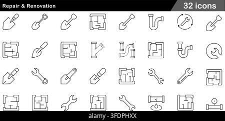 Vector illustration set of 32 repair and renovation icons featuring trowel tool, architectural blueprint, pipe plumbing, wrench, and construction. Stock Vector