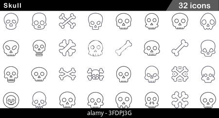 Vector illustration set of 32 skull icons featuring human skull, crossbones, skeleton bone, death head, toxic warning, and halloween symbols. Stock Vector