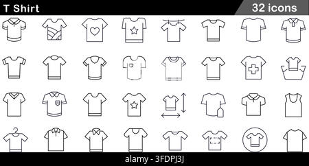 Vector illustration set of 32 T shirt icons featuring polo shirt, v-neck, pocket tee, clothes hanger, laundry wash, price tag, and apparel symbols. Stock Vector