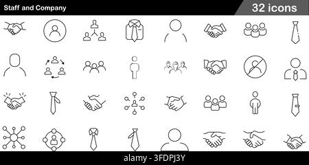 Vector illustration set of 32 staff and company icons featuring business handshake, necktie, organization chart, team structure, and employee avatar. Stock Vector