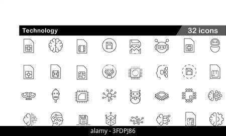 Vector illustration set of 32 technology icons featuring sim card, floppy disk, microchip processor, robot head, and artificial intelligence brain. Stock Vector
