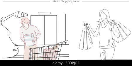 Vector illustration of hand drawn sketch shopping scenes featuring woman holding paper shopping bags and man loading grocery packages into car trunk. Stock Vector