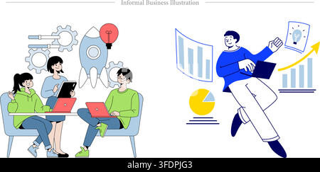 Vector illustration set of informal business scenes featuring startup team meeting, laptop collaboration, rocket launch idea, and remote freelancer. Stock Vector