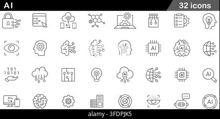Vector illustration set of 32 AI icons featuring artificial intelligence, neural network, digital brain, cloud computing, chip, and chatbot. Stock Vector