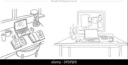 Vector illustration of hand drawn doodle workspace scenes featuring laptop computer, desk lamp, open notebook, coffee mug, and office accessories. Stock Vector