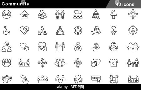 Vector illustration set of 40 community icons featuring group unity, heart donation, handicap accessibility, public speech, and social care. Stock Vector