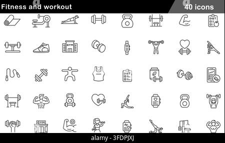 Vector illustration set of 40 fitness and workout icons featuring yoga mat, dumbbell, kettlebell, bench press, smartwatch, and sports apparel. Stock Vector
