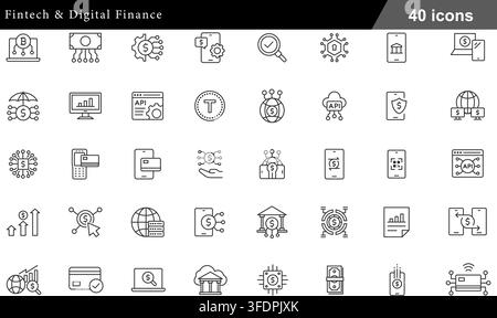 Vector illustration set of 40 fintech icons featuring digital banking, cryptocurrency, financial api, mobile payment, and contactless transfer. Stock Vector