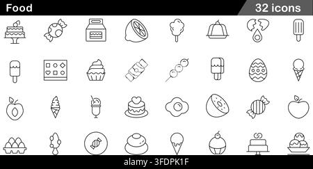 Vector illustration set of 32 food icons featuring layer cake, candy, ice cream cone, fried egg, kiwi fruit, cupcake, and sweet desserts. Stock Vector