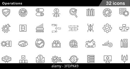 Vector illustration set of 32 operations icons featuring process gear, security shield, schedule calendar, system network, and workflow management. Stock Vector