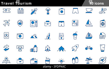 Vector illustration set of 40 travel tourism icons featuring flight ticket, hot air balloon, passport, luggage, camping tent, and beach flip flops. Stock Vector