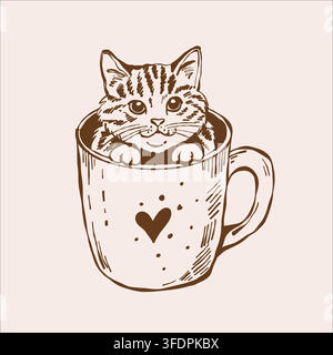 Cute kitten in a cup: Vector brown outline illustration of a cat sitting in a mug, isolated on a beige background. Vintage line sketch Stock Vector