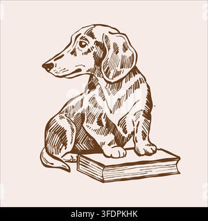 A dachshund sits on a book. Vector outline sketch on the theme of reading and cute pets. Vintage illustration in beige and brown tones. Stock Vector