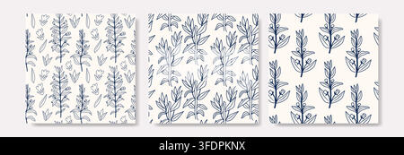 Set of dark blue hand drawn hedge hyssop floral patterns with botanical line art, ideal for herbal packaging, cosmetics, stationery, fabric, wallpaper Stock Vector