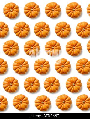 Top view of pumpkins arranged in a decorative repeating pattern on a clean white background. Seasonal autumn and Halloween themed composition with bri Stock Photo