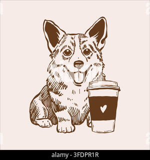 Corgi dog with Coffee. Vector outline sketch on the theme of coffee, autumn, cute pets. Vintage illustration in beige and brown tones Stock Vector