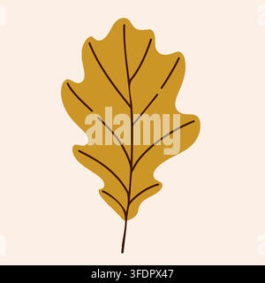 Golden oak leaf with deep rounded lobes, prominent central vein and fine branches, rich mustard yellow color, autumn foliage, botanical nature illustr Stock Vector