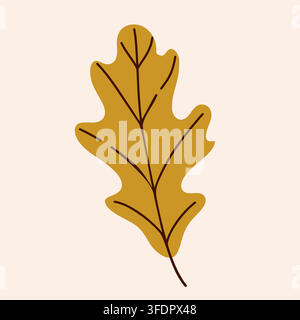 Golden oak leaf with deep sculpted lobes, strong central vein and delicate side branches, featuring rich ochre yellow foliage and a warm autumn botani Stock Vector