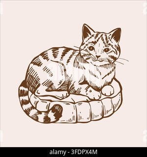 A cat lying on a bed. Cute linear vector sketch of a pet. Vintage outline illustration in beige and brown tones.  Stock Vector